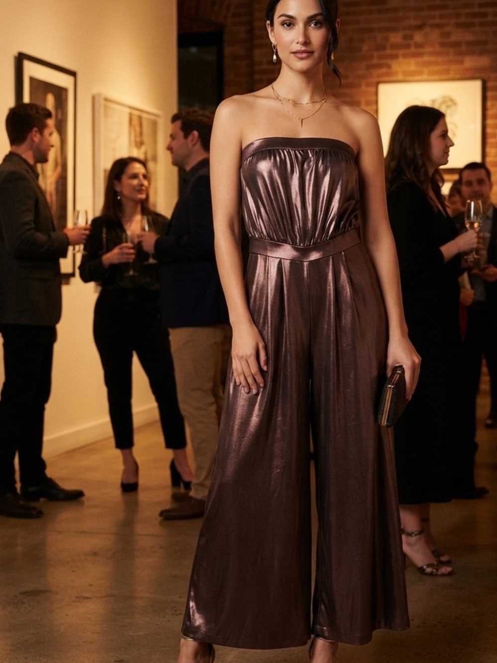 Urban Outfitters Metallic Bronze Strapless Wide-Leg Jumpsuit Size M NWOT